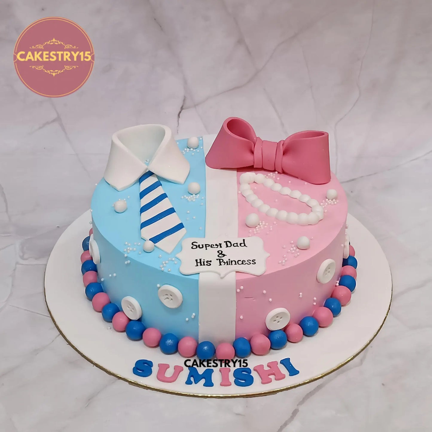 Super Dad and His Princess eggless half n half pineapple cake for father and daughter birthday celebration in Noida