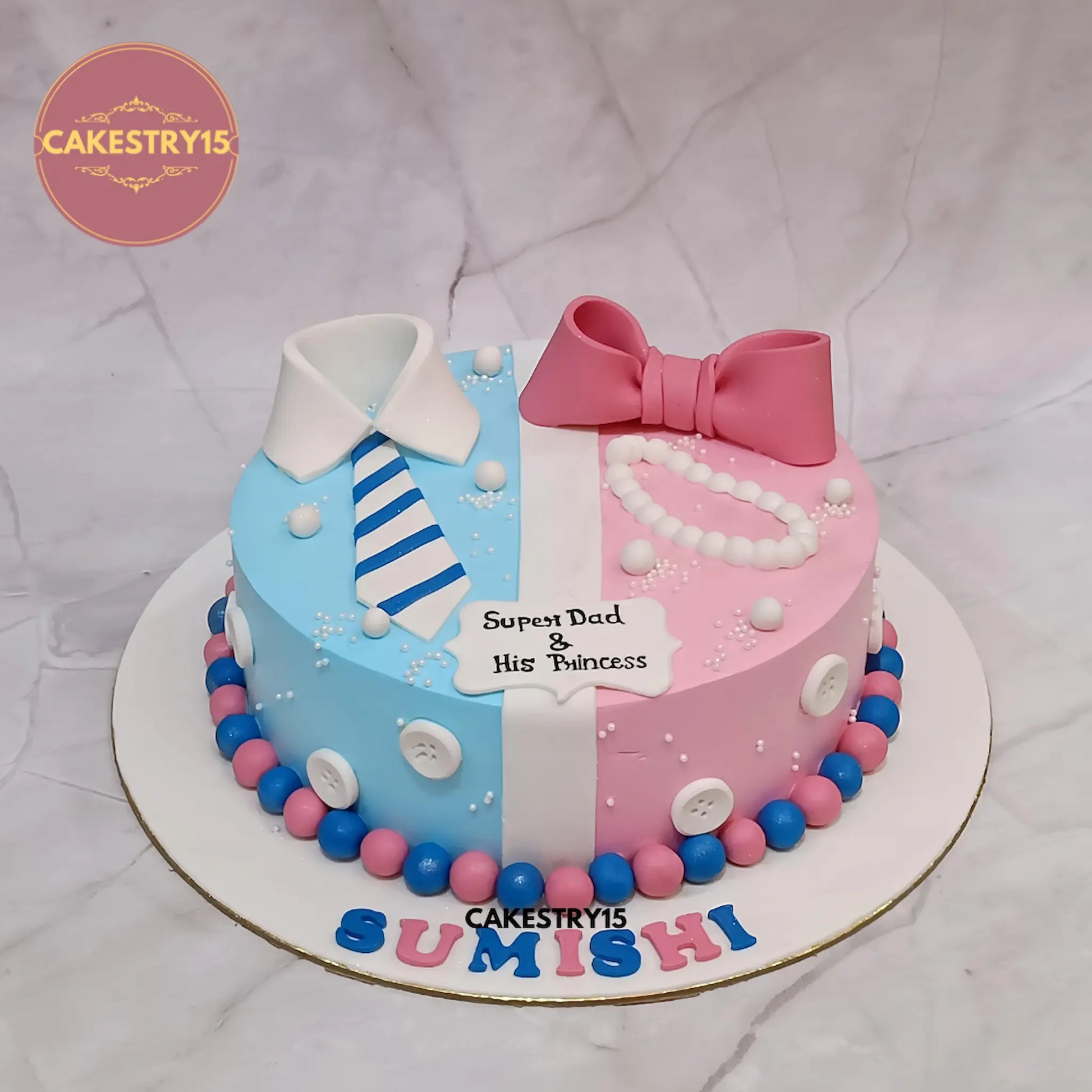 Super Dad and His Princess eggless half n half pineapple cake for father and daughter birthday celebration in Noida