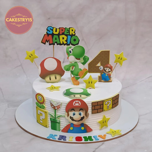 Super Mario kids birthday cake theme cake Noida made with eggless cakes featuring Mario and Yoshi elements