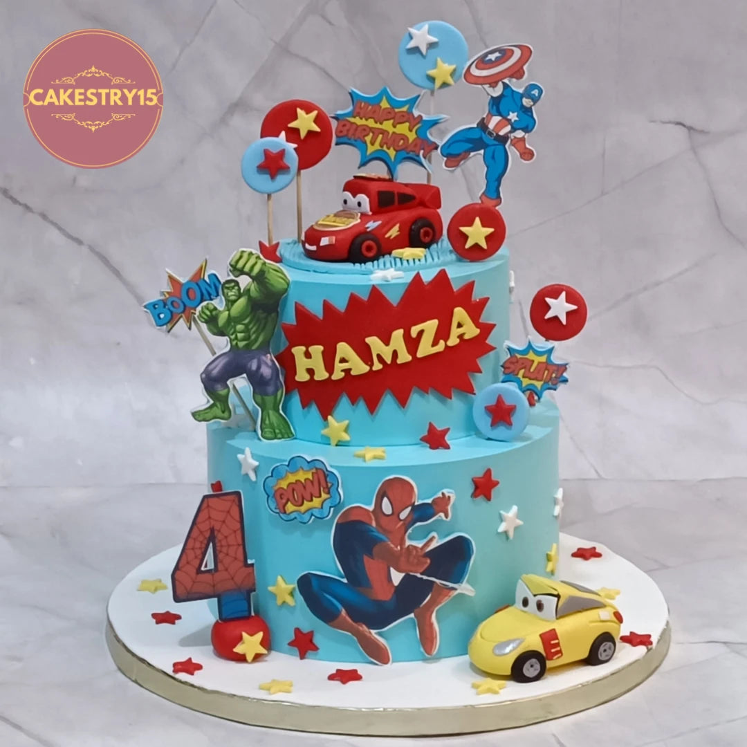 Superhero action heroes kids birthday cake featuring Captain America, Spiderman and Hulk, premium theme cake Noida made with fresh eggless cakes.