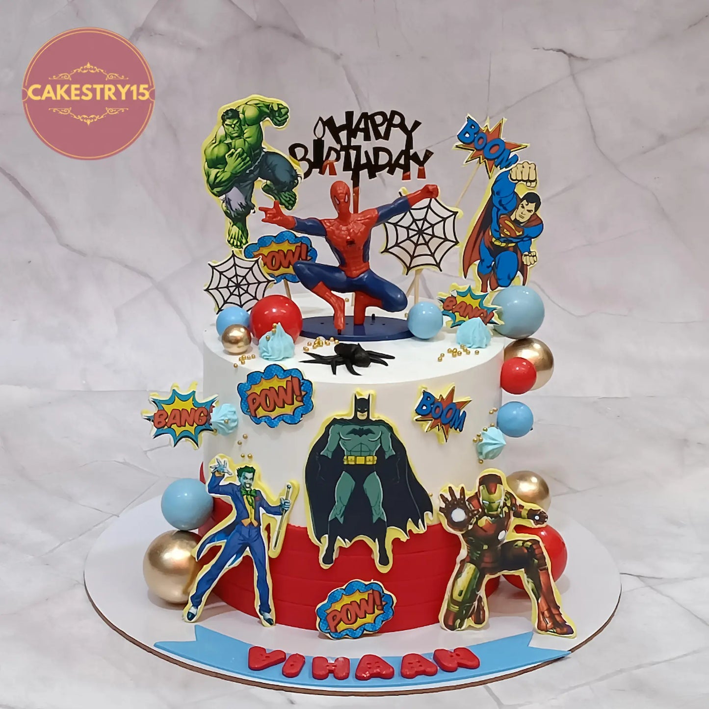 Superhero Avengers celebration cake with Spiderman topper, edible superhero images, eggless kids birthday cake in Noida by cakestry15