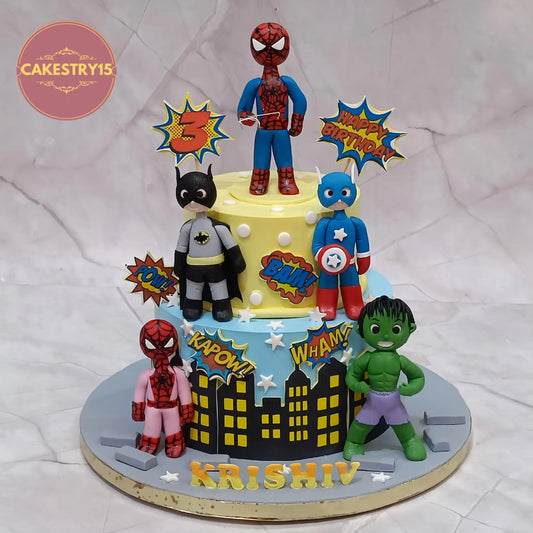 Eggless superhero Avengers theme kids birthday cake in Noida with Spiderman, Batman, Hulk and Captain America fondant figurines by cakestry15