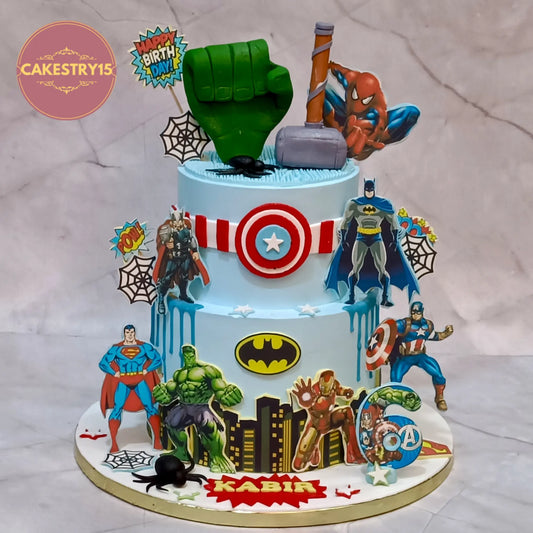 Superheroes theme 6th birthday cake eggless kids birthday cake in Noida with Hulk Thor Spiderman Batman design