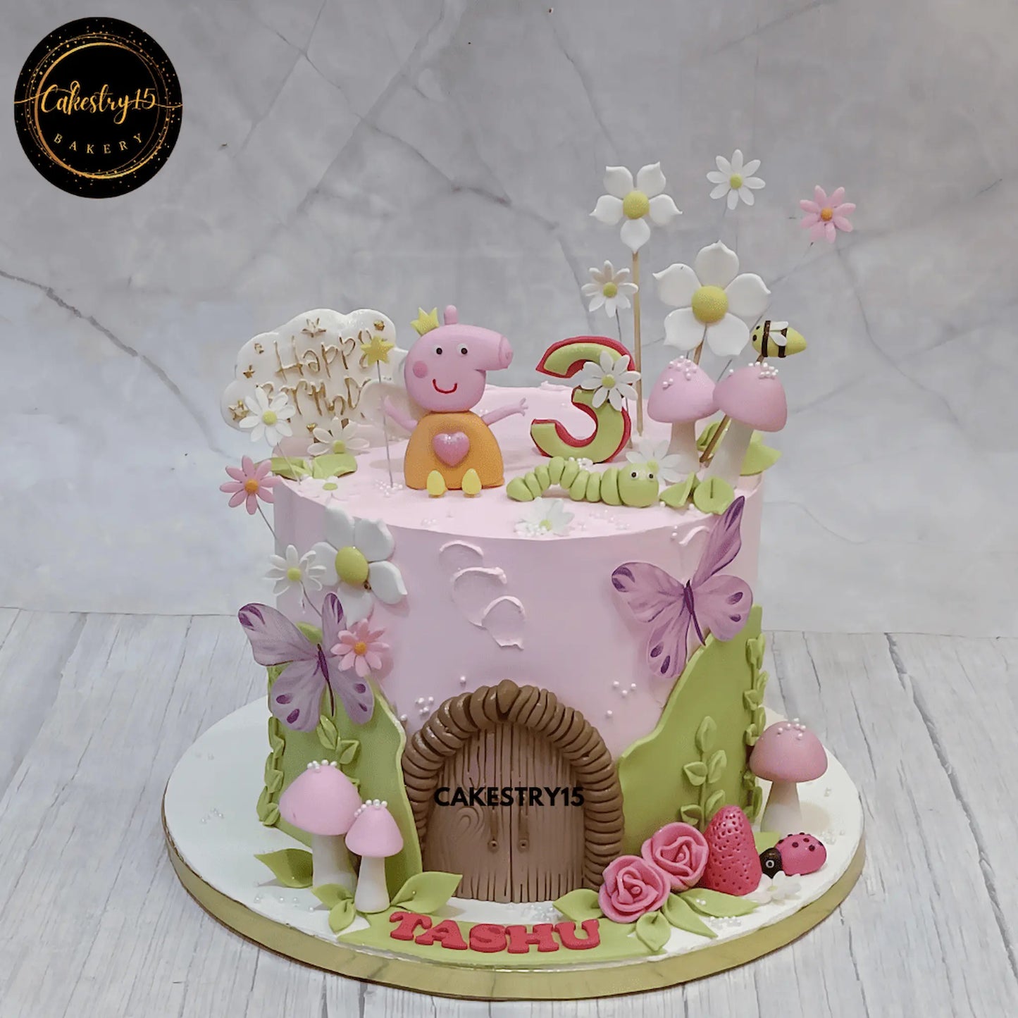 Peppa Pig themed birthday cake with mushrooms, flowers, and butterflies by cakestry15,best bakery in noida