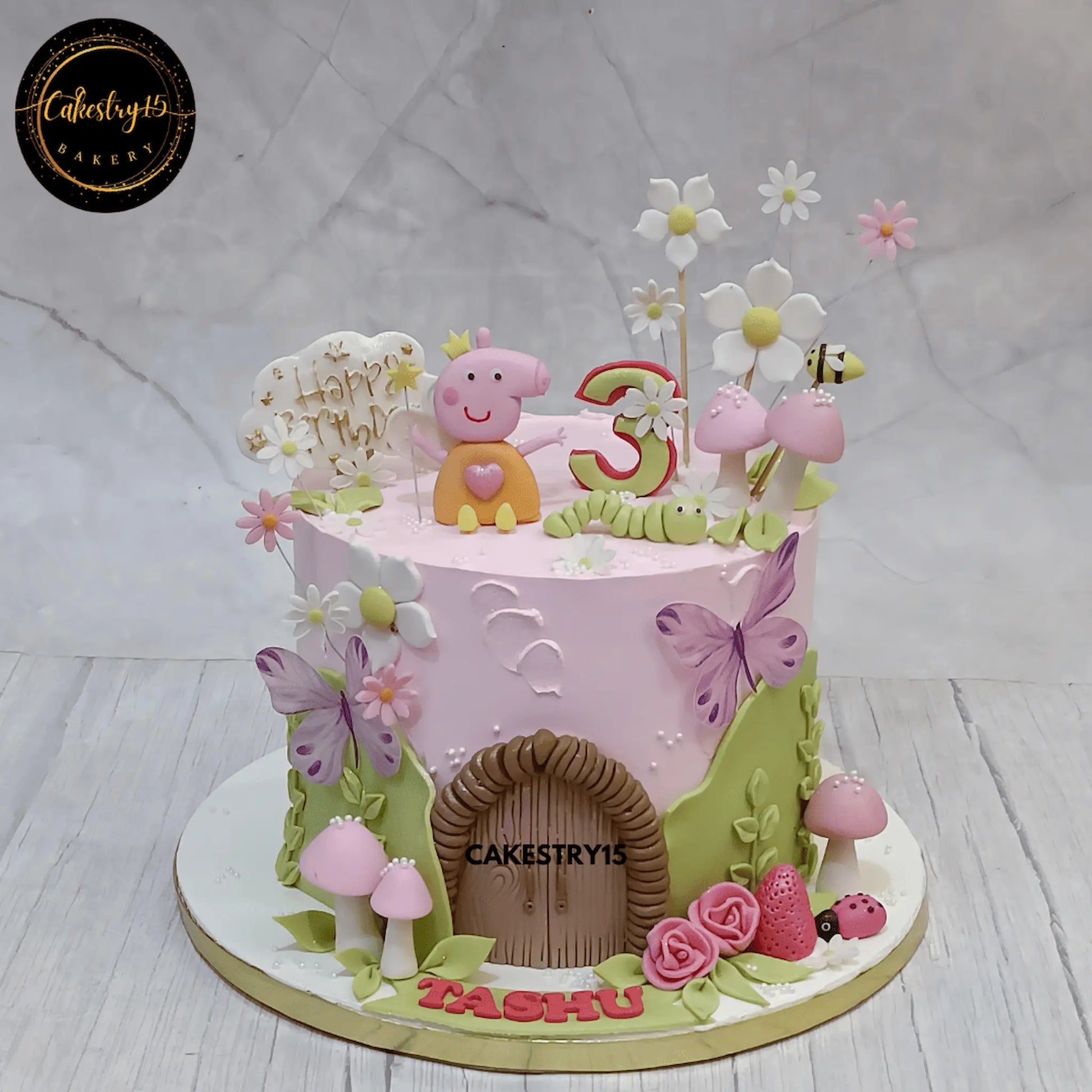 Peppa Pig themed birthday cake with mushrooms, flowers, and butterflies by cakestry15,best bakery in noida