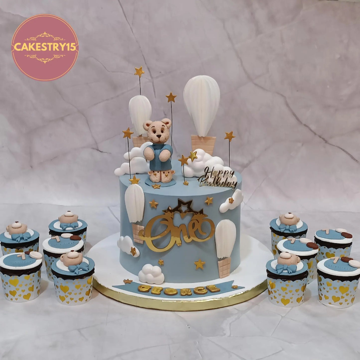 Teddy air balloon kids birthday cake, a premium theme cake Noida design from our range of eggless cakes for first birthday celebrations.