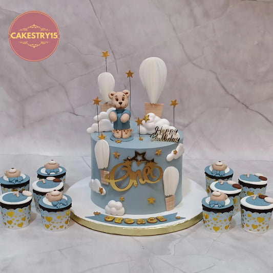 Teddy air balloon kids birthday cake, a premium theme cake Noida design from our range of eggless cakes for first birthday celebrations.