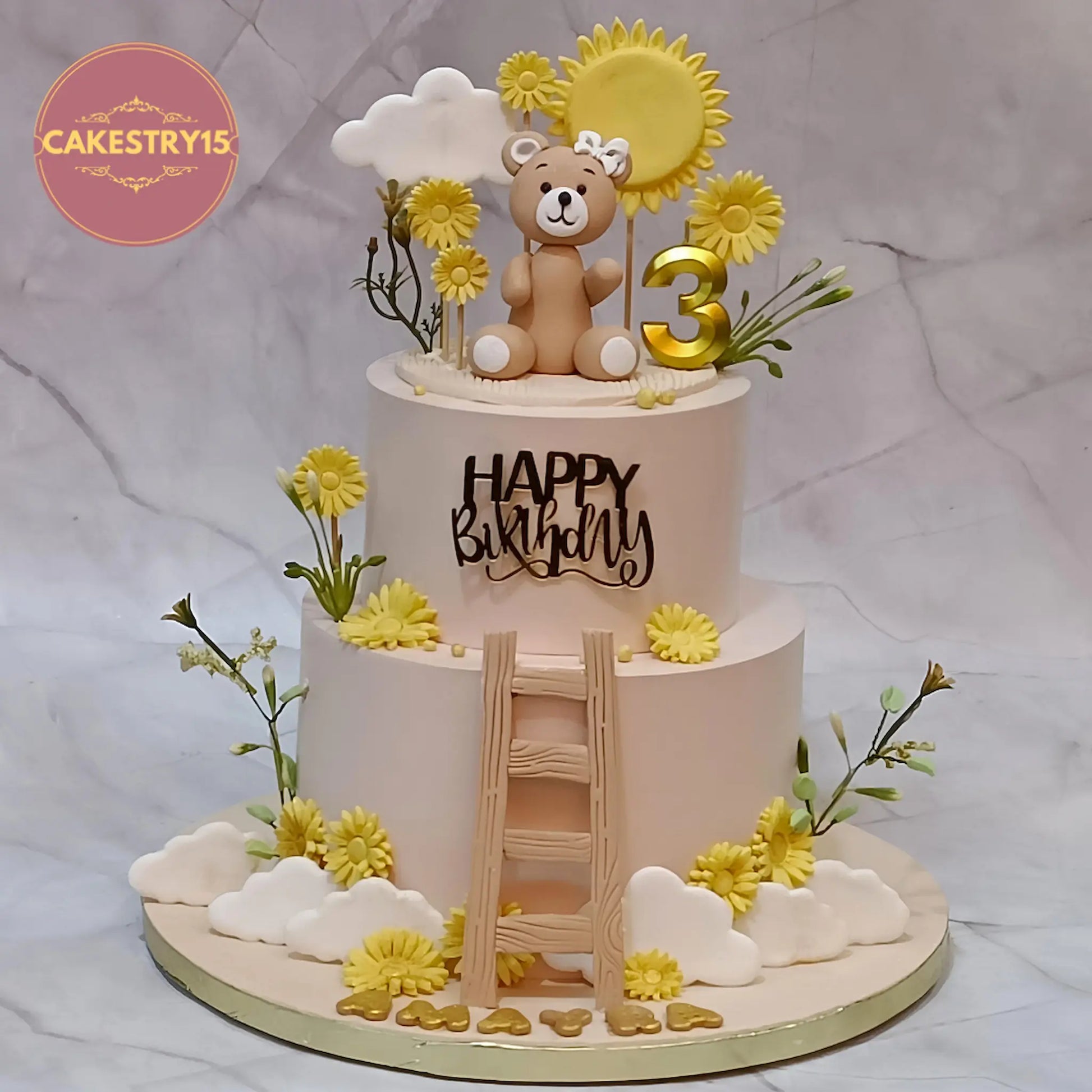 Teddy sunflower theme 3rd birthday cake eggless kids birthday cake in Noida with floral and teddy design