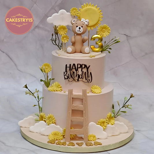 Teddy sunflower theme 3rd birthday cake eggless kids birthday cake in Noida with floral and teddy design