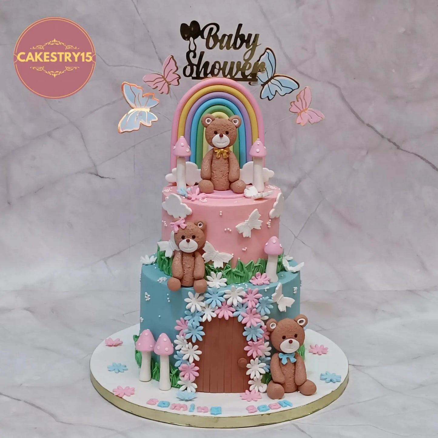 Eggless teddy theme baby shower cake 2kg chocolate flavour with fondant teddies rainbow and clouds in Noida by cakestry15
