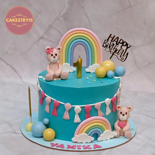 Teddy theme kids birthday cake in Noida with black forest flavour, premium eggless cakes design perfect for theme cake Noida celebrations