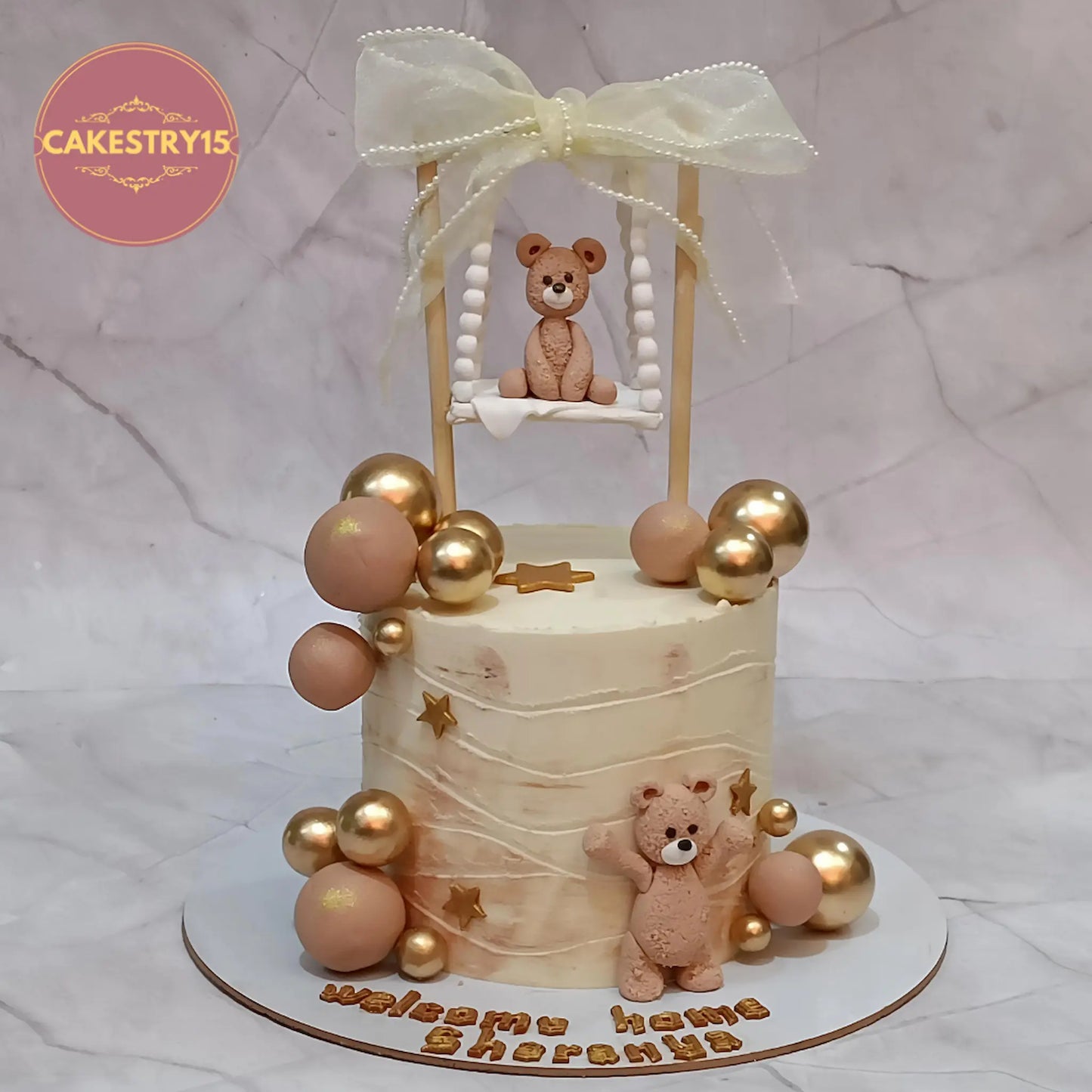 Teddy theme kids birthday cake designed as a theme cake Noida with premium eggless cakes for welcome baby celebration