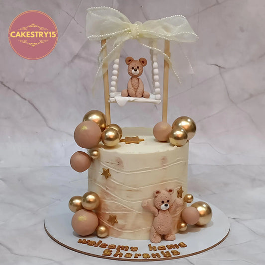 Teddy theme kids birthday cake designed as a theme cake Noida with premium eggless cakes for welcome baby celebration