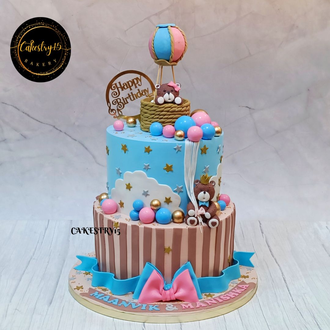 teddy theme 5kg size 2tier butterscotch flavor 1st birthday cake for twins,full image