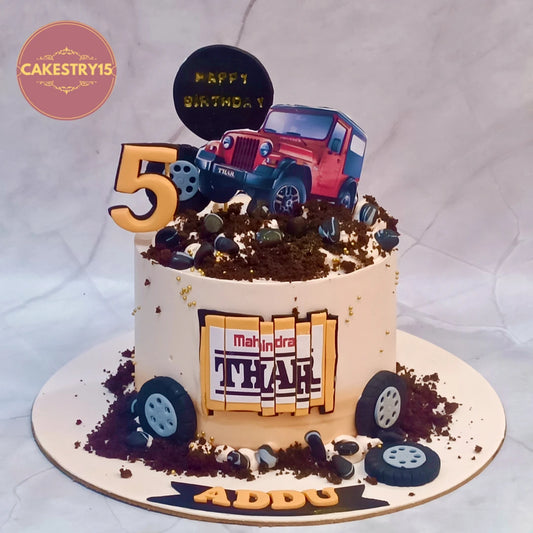 Eggless Thar Jeep kids birthday cake with rugged adventure styling, premium theme cake Noida for boys celebrations.