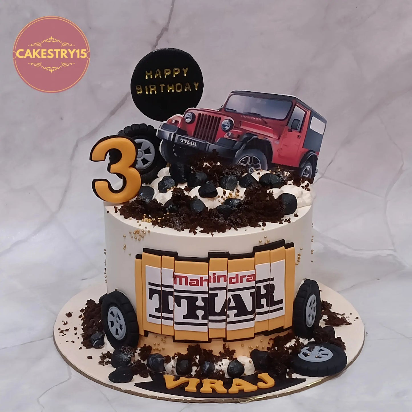 Thar theme 3rd birthday cake with jeep design, eggless butterscotch kids birthday cake by Cakestry15 in Noida