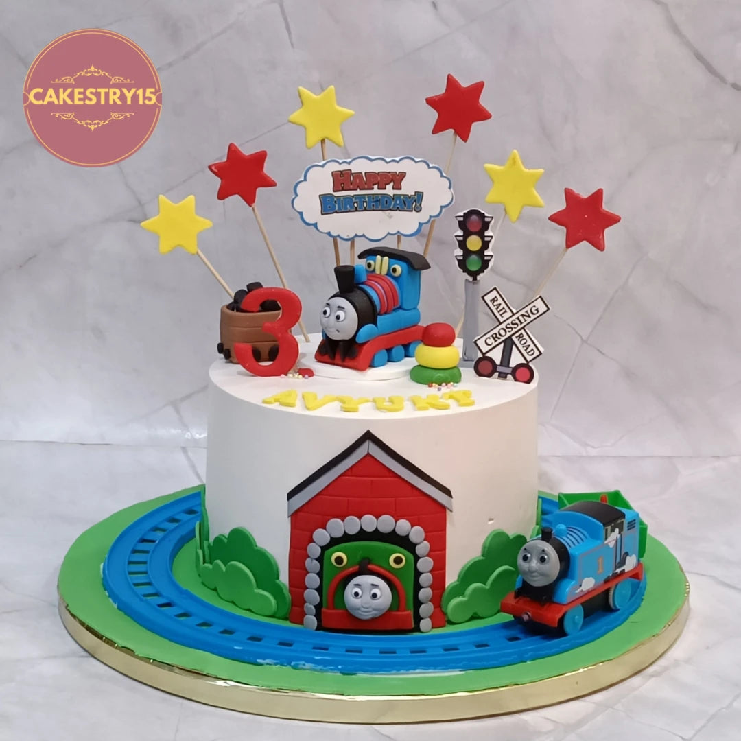 Eggless Thomas Train kids birthday cake featuring playful train details, crafted as a premium theme cake Noida families love for special celebrations.