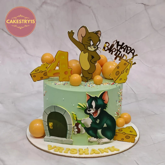 Tom and Jerry theme kids birthday cake in pineapple flavour with edible prints, eggless custom cake for kids in Noida by cakestry15