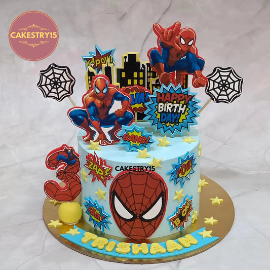 1kg choco vanilla Spiderman birthday cake with edible images, cobwebs, and comic elements from Cakestry15 Noida