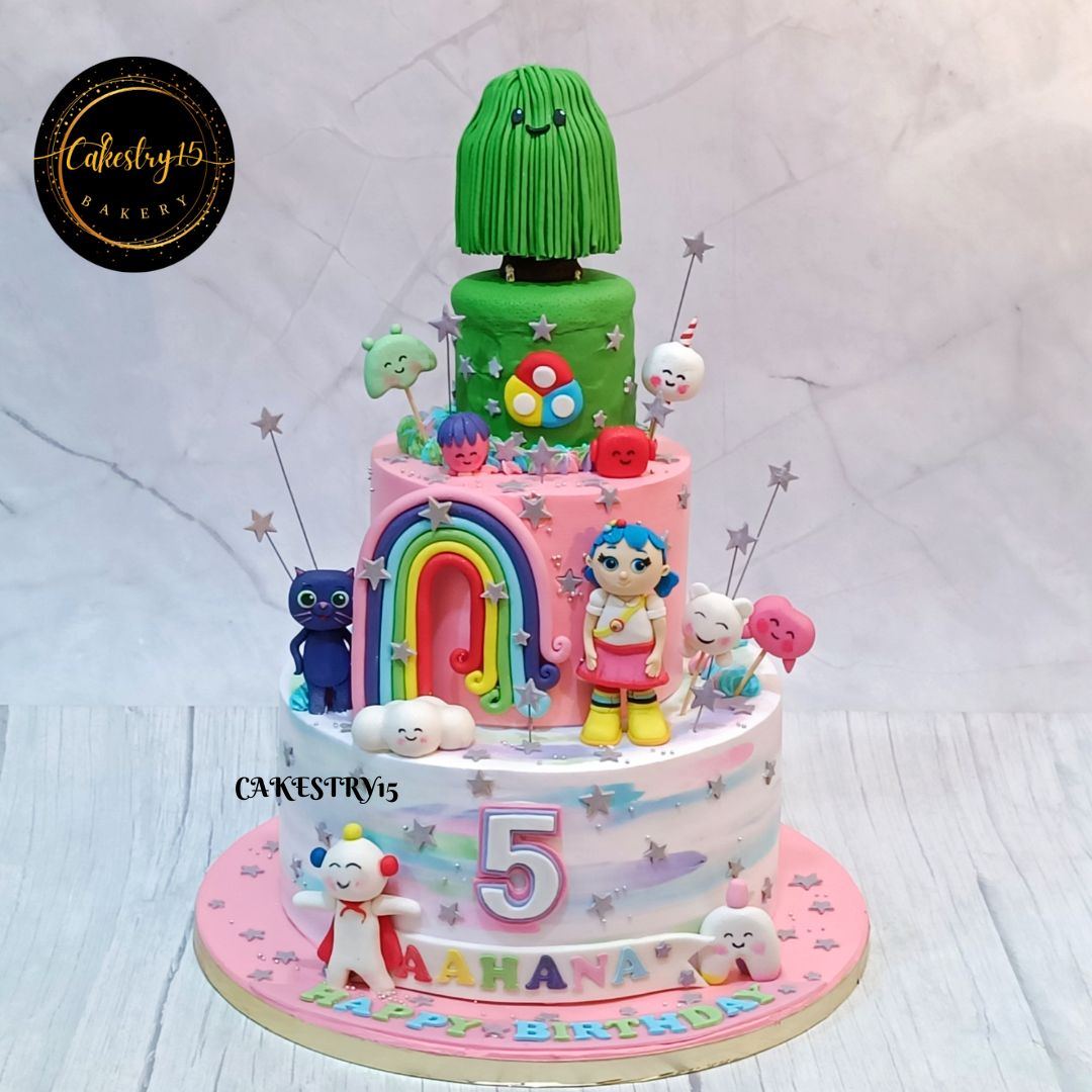 true and rainbow kingdom theme 4kg 2tier 5th birthday black forest flavor cake,full image