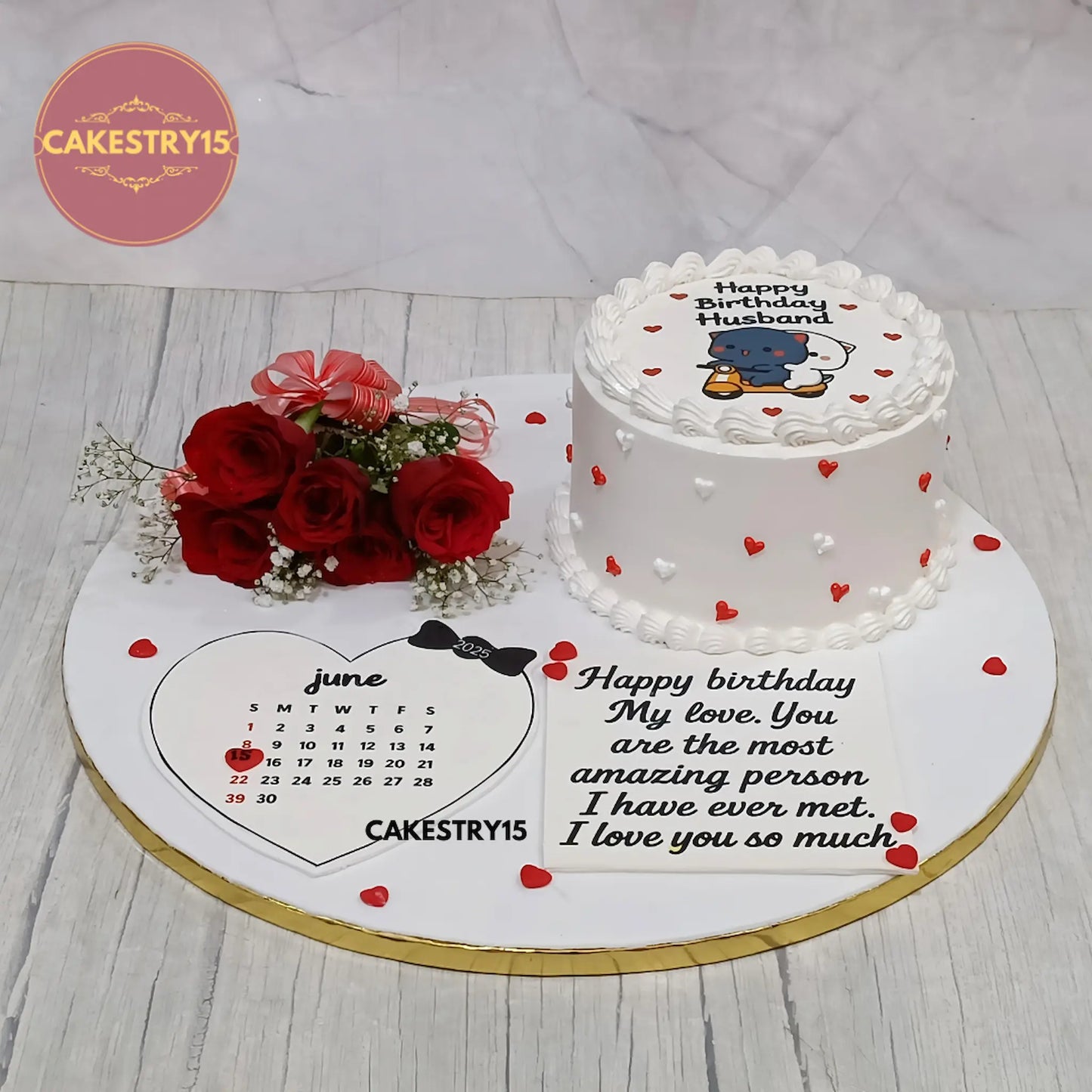 Eggless truffle heart photo birthday cake for husband with roses and calendar design by Cakestry15 in Noida