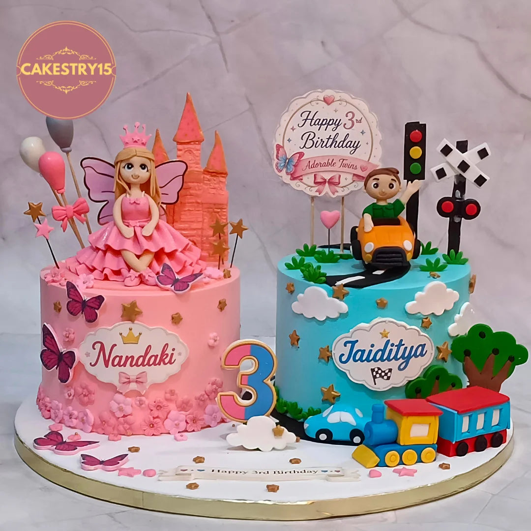 Twins kids birthday cake set with girl and boy designs from an eggless cakes bakery offering a theme cake Noida.
