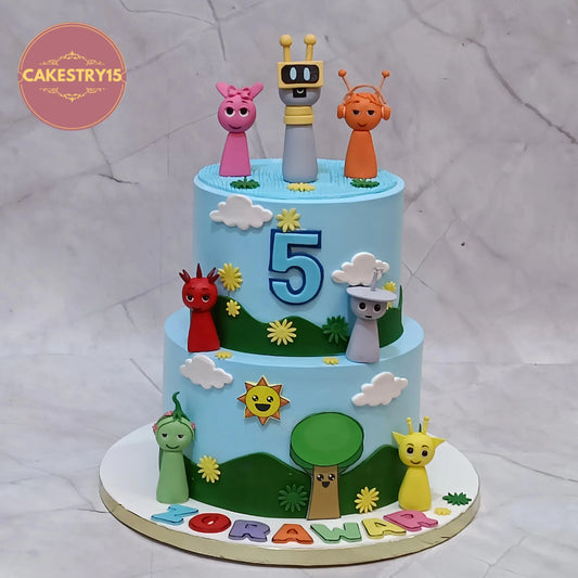 Twirlywoos kids birthday cake theme cake Noida design in eggless cakes with 3D cartoon toppers