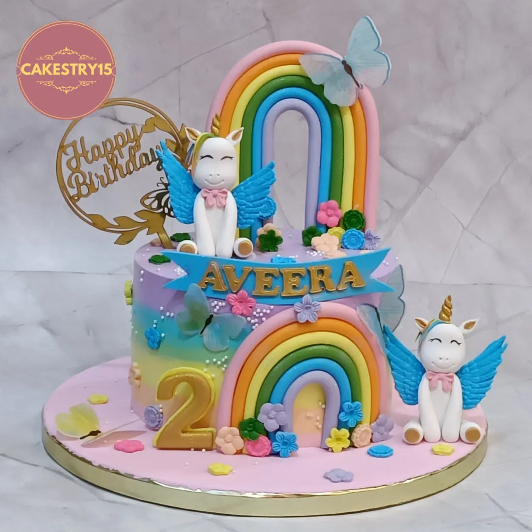 Premium unicorn kids birthday cake with rainbow design, handcrafted as an eggless cakes option and theme cake Noida families love.