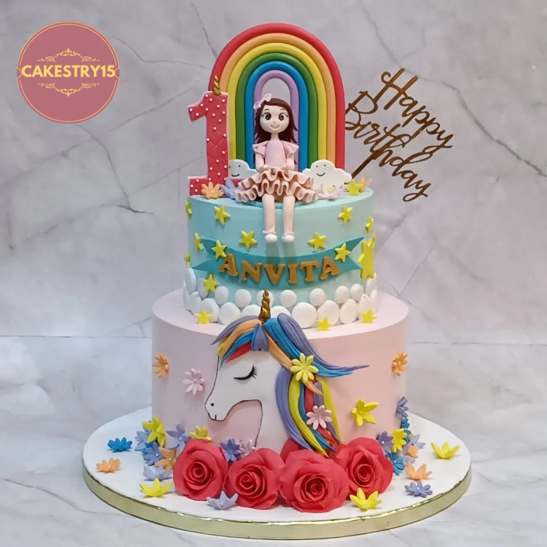 Eggless unicorn kids birthday cake with rainbow design and fondant details, premium theme cake Noida for first birthday celebrations.