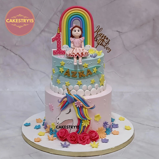 3kg choco butterscotch unicorn theme cake with fondant girl figurine, rainbow, unicorn 2D design by Cakestry15 Noida