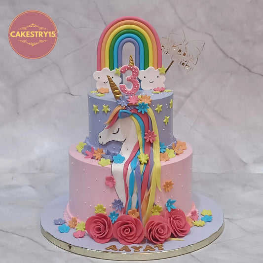 Unicorn theme 3rd birthday cake eggless kids birthday cake in Noida with rainbow and floral design