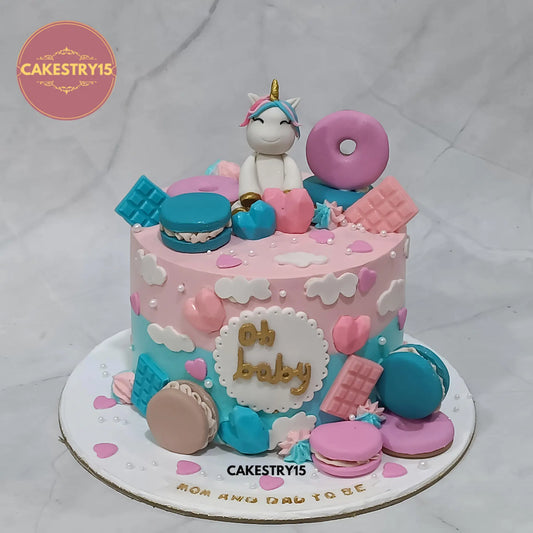 Unicorn theme eggless baby shower cake with fondant unicorn, pineapple flavour, custom design by Cakestry15 Noida