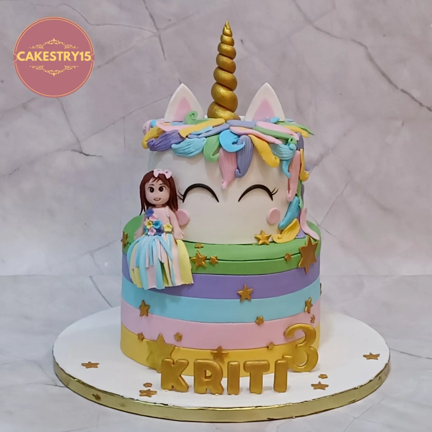 Unicorn theme designer 3rd birthday cake eggless kids birthday cake in Noida with fondant unicorn design