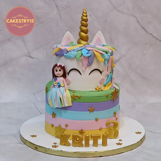 Unicorn theme designer 3rd birthday cake eggless kids birthday cake in Noida with fondant unicorn design