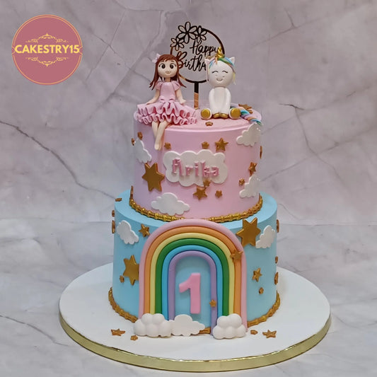 Unicorn kids birthday cake with princess girl figurine, a theme cake Noida customers love among eggless cakes for first birthday celebrations