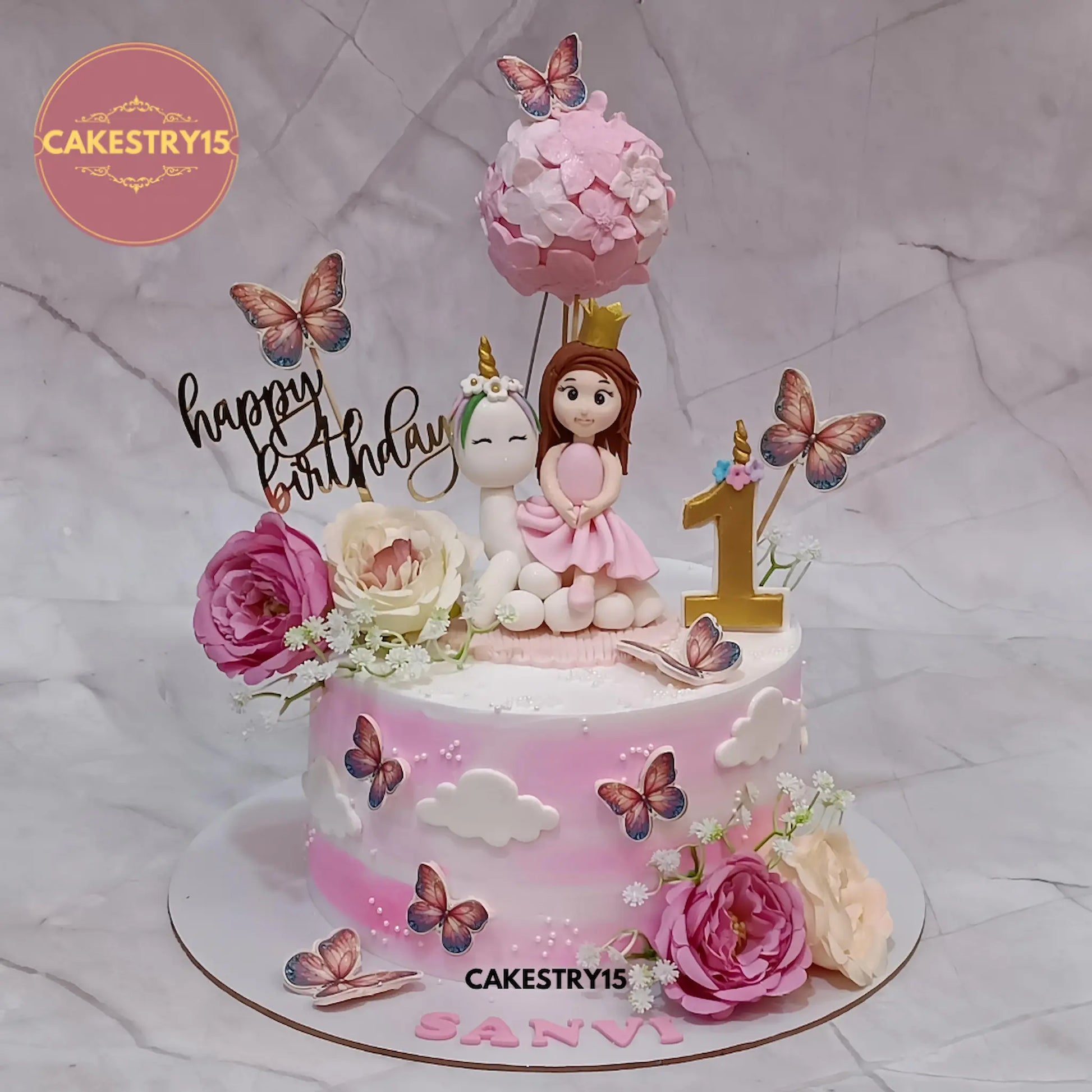 Unicorn theme first birthday eggless choco butterscotch cake for kids by Cakestry15 in Noida