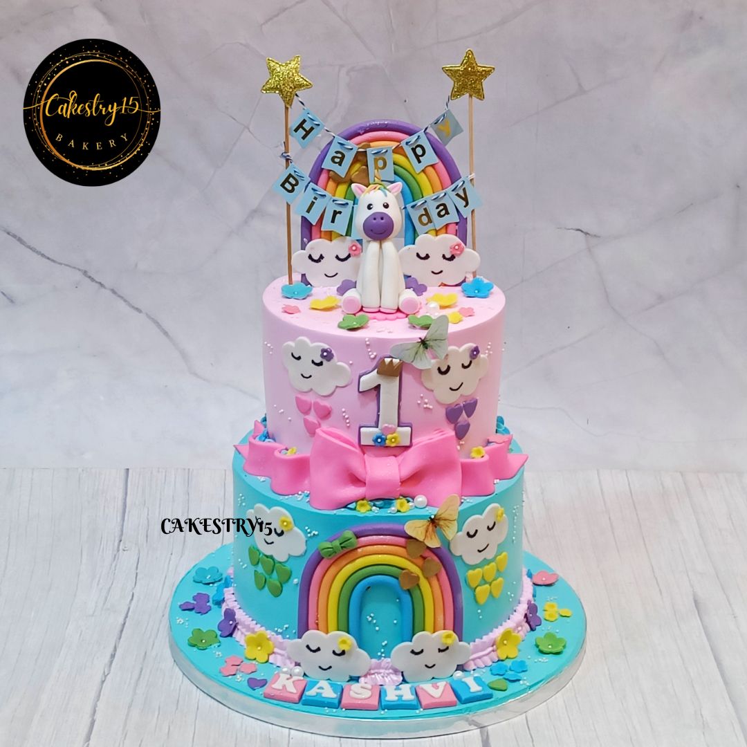 unicorn theme 3kg size 2tier butterscotch flavor 1st birthday cake,cake full image