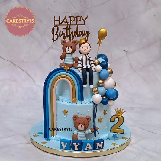 2kg choco butterscotch teddy theme 2 tier birthday cake for Vyan with fondant rainbow and balloon design from Cakestry15