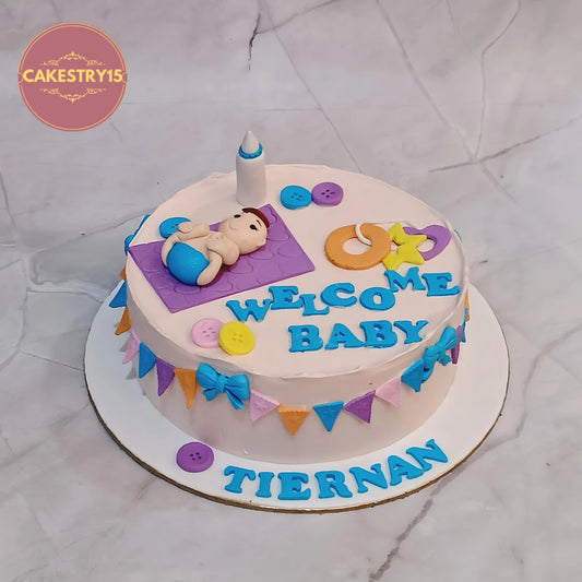 Welcome baby boy kids birthday cake design with fondant baby topper, a premium theme cake Noida creation made from eggless cakes.