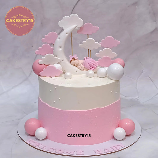 Eggless welcome baby crescent moon theme butterscotch cake with baby figurine by Cakestry15 in Noida