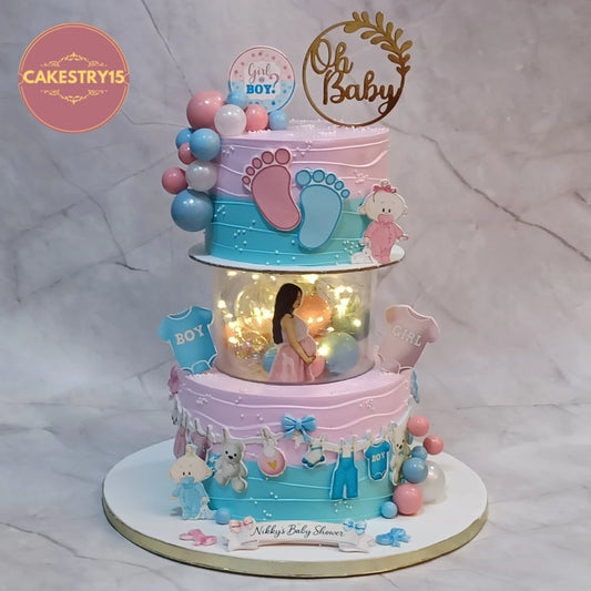 Welcome Baby Grand Reveal Cake featuring baby-themed decorations, a premium theme cake Noida design crafted as one of our signature eggless cakes for special family celebrations.
