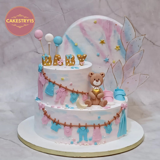 Welcome baby teddy balloon baby shower cake eggless custom cake in Noida with fondant baby elements