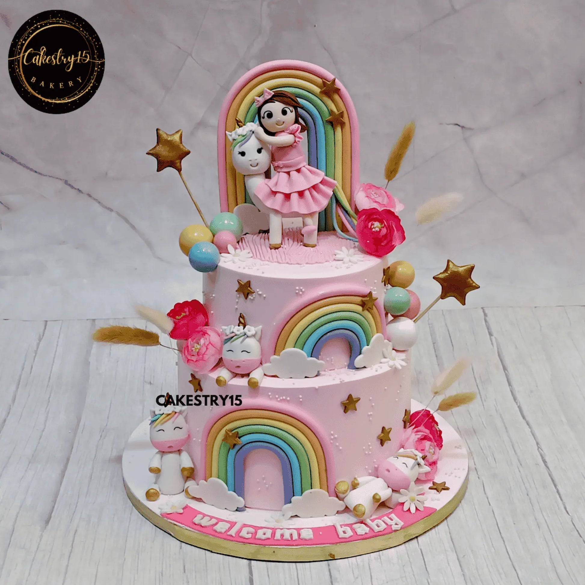 Welcome baby unicorn theme cake 3kg chocolate eggless custom cake for baby girl in Noida by cakestry15