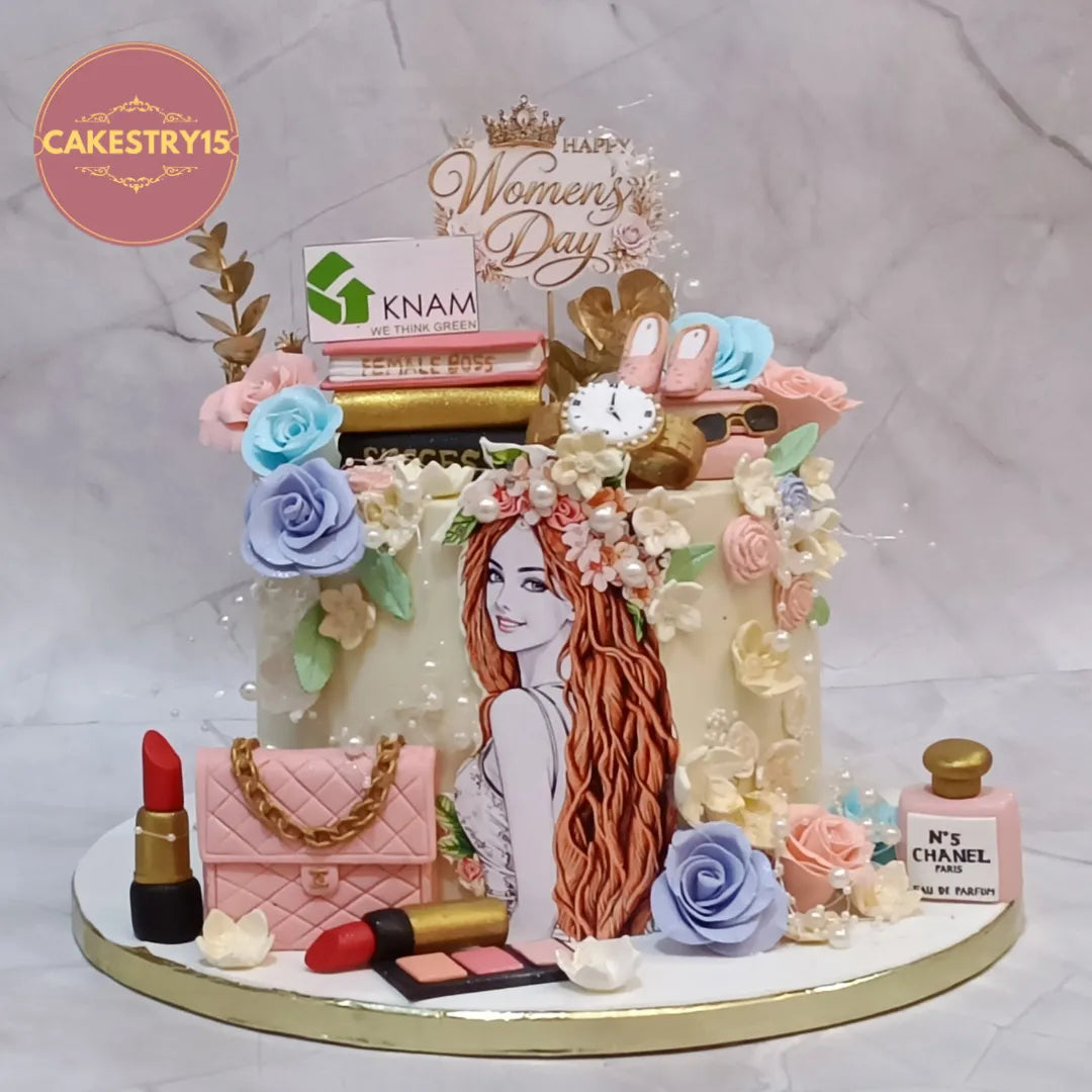 Eggless womens day celebration theme cake Noida with makeup decorations, fondant roses, and chocolate flavour for stylish birthday celebrations.