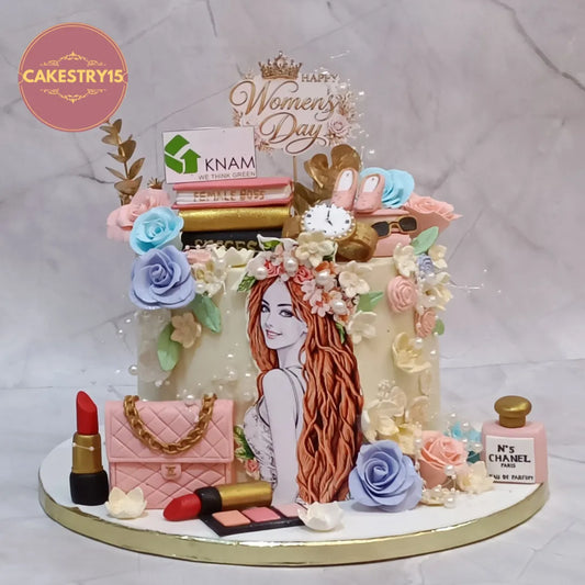Eggless womens day celebration theme cake Noida with makeup decorations, fondant roses, and chocolate flavour for stylish birthday celebrations.