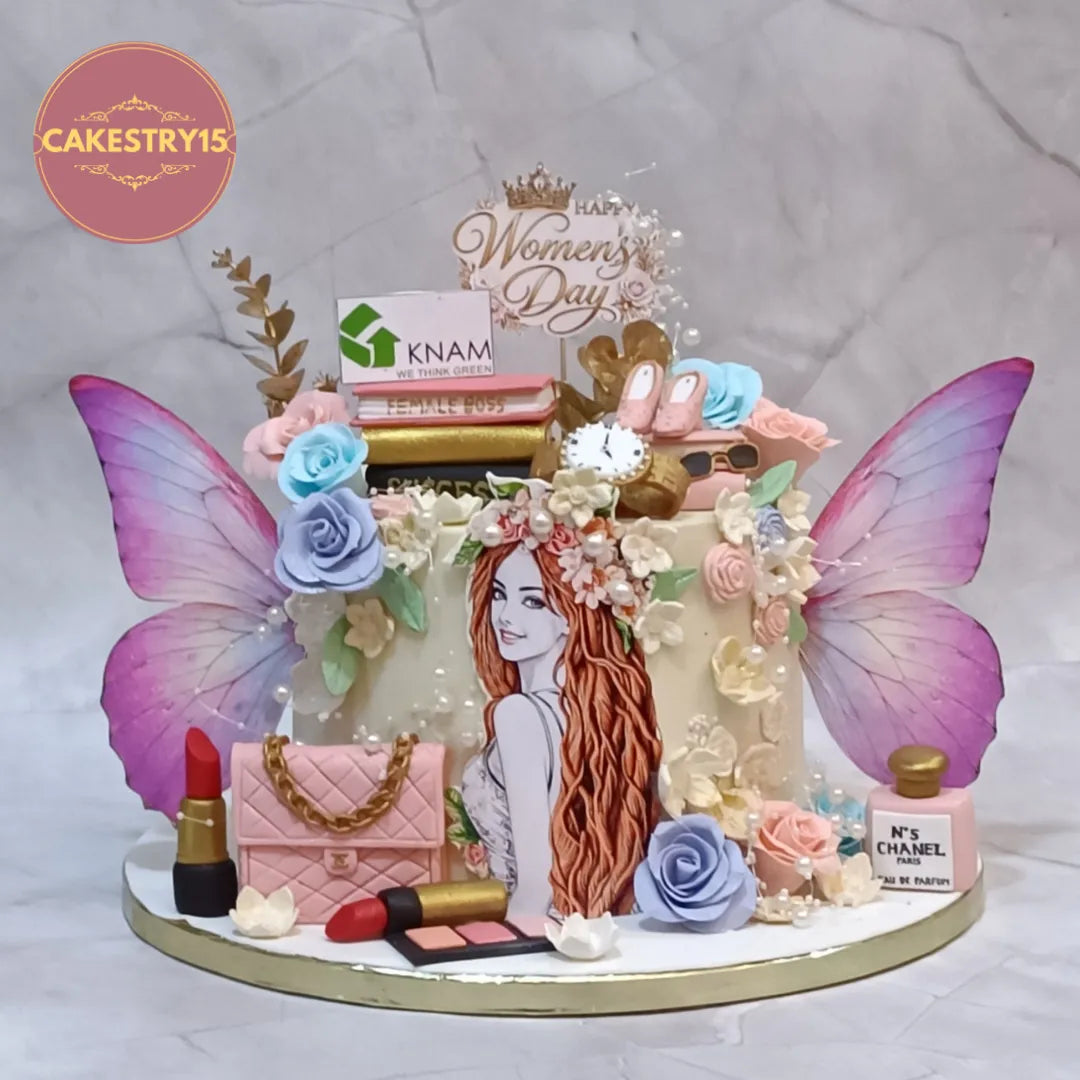 Premium eggless theme cake Noida featuring edible girl image, lipstick, perfumes, and floral decorations in chocolate flavour.