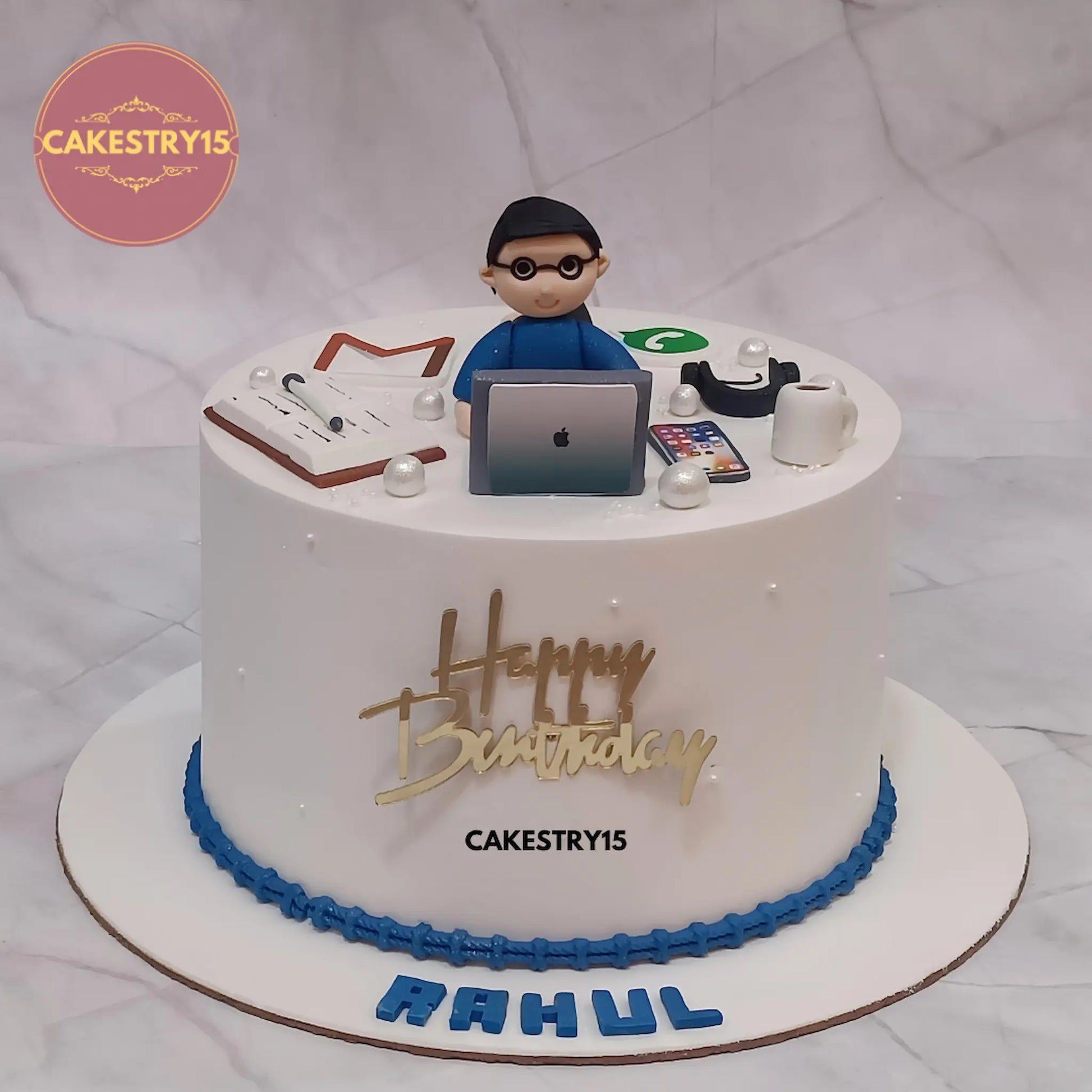 2kg black forest birthday cake with MacBook, iPhone, coffee mug, WhatsApp, and Gmail theme from Cakestry15