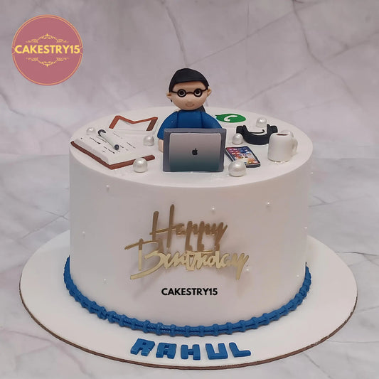 2kg black forest birthday cake with MacBook, iPhone, coffee mug, WhatsApp, and Gmail theme from Cakestry15