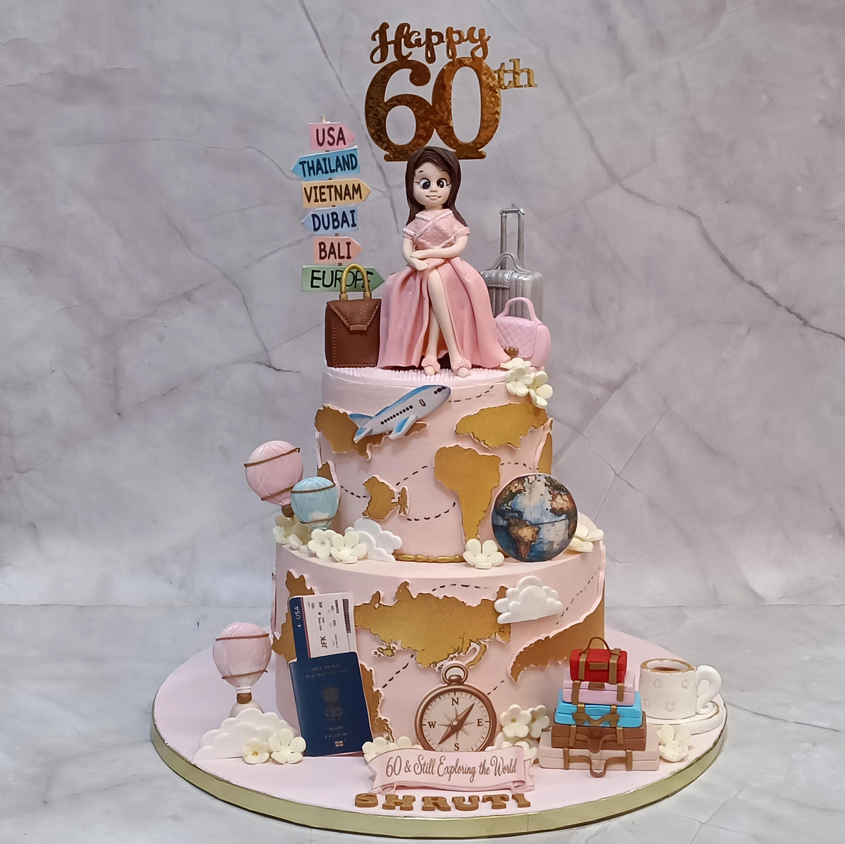 Premium womens birthday cake inspired by world travel, handcrafted as a theme cake Noida with fresh eggless cakes and detailed travel decorations.