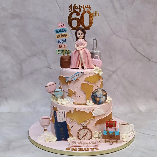 Premium womens birthday cake inspired by world travel, handcrafted as a theme cake Noida with fresh eggless cakes and detailed travel decorations.